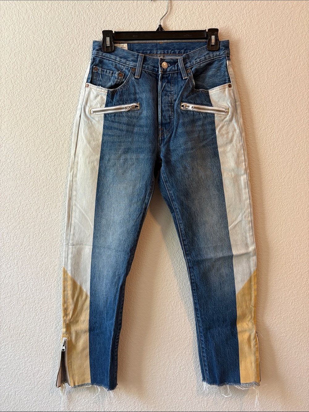 Levi's Blue and Cream Slim Jeans with Yellow Hem Panels